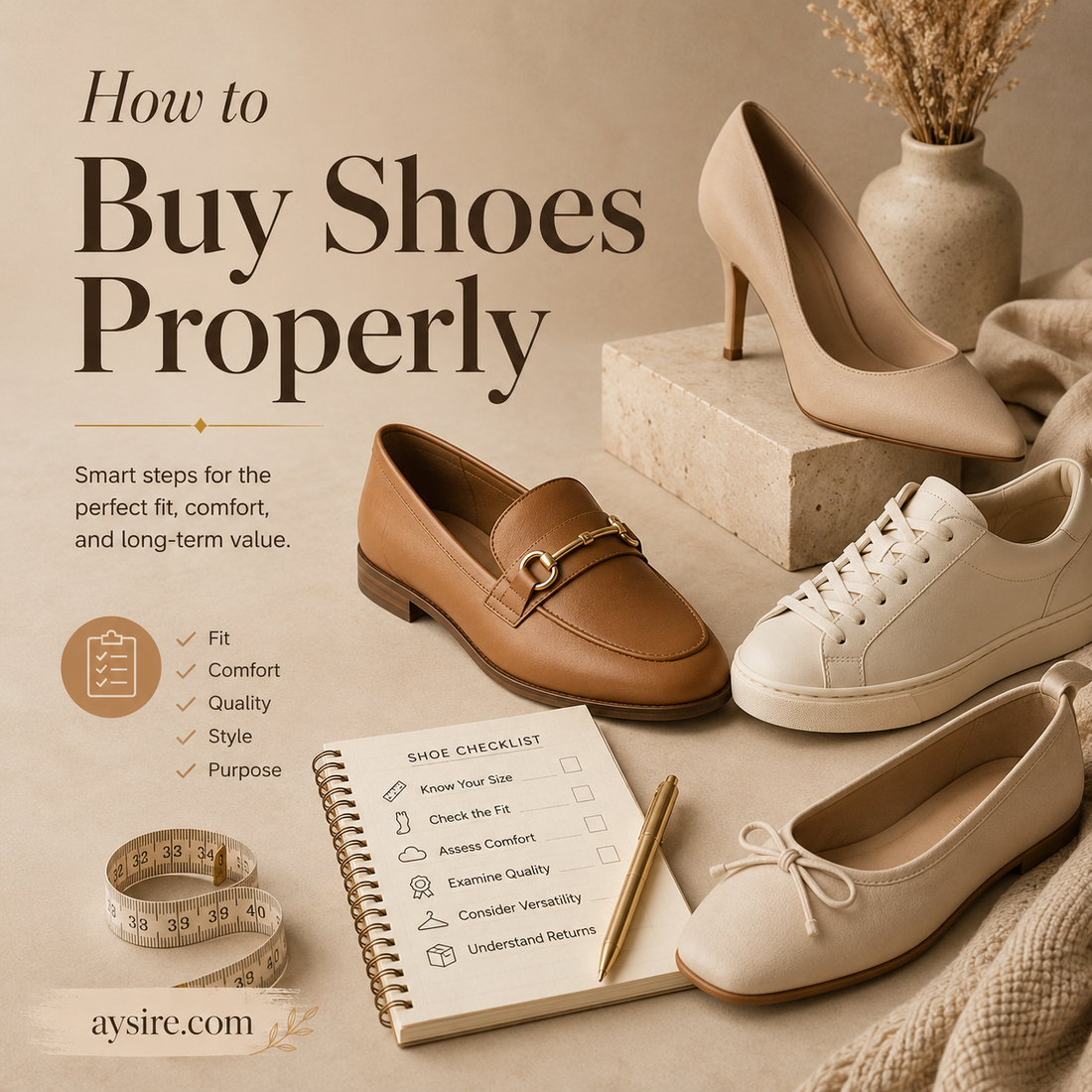Editorial shoe buying guide with neutral heels, loafers, sneakers and flats arranged beside a fit checklist and measuring tape, highlighting comfort quality and long-term value, aysire.com
