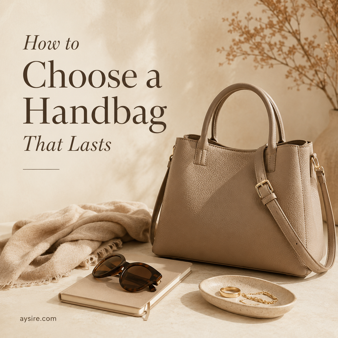 Timeless neutral handbag styled on a warm beige background with minimal accessories, editorial guide to choosing a durable everyday bag that lasts, aysire.com