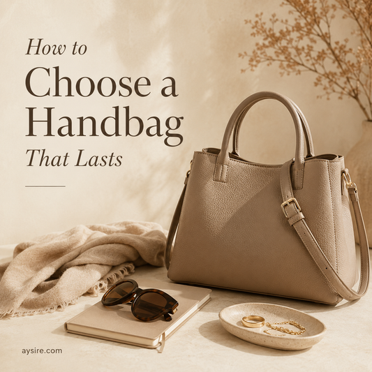 Timeless neutral handbag styled on a warm beige background with minimal accessories, editorial guide to choosing a durable everyday bag that lasts, aysire.com