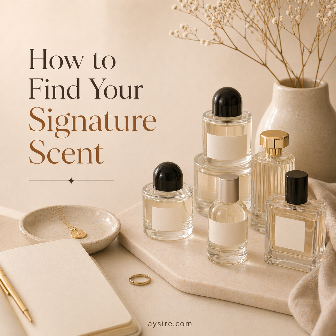 Minimal perfume flatlay with unbranded fragrance bottles arranged on a soft neutral vanity setting, elegant signature scent concept in a warm editorial aesthetic, aysire.com