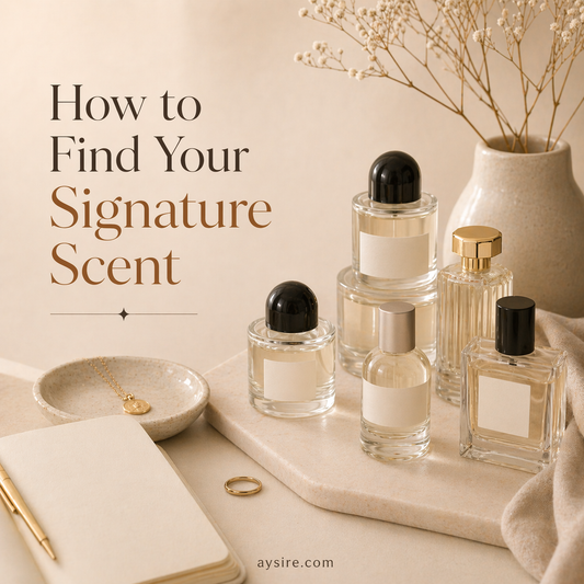 Minimal perfume flatlay with unbranded fragrance bottles arranged on a soft neutral vanity setting, elegant signature scent concept in a warm editorial aesthetic, aysire.com