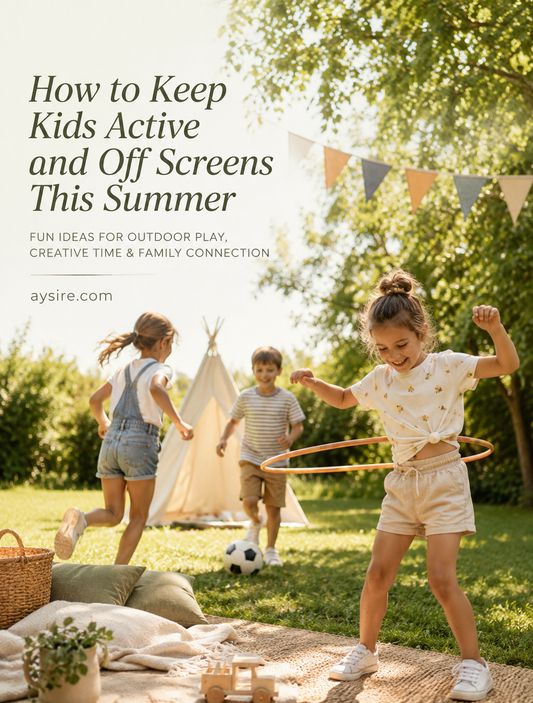 Bright summer backyard scene with kids playing outdoors, hula hoop, soccer ball, picnic setup and garden activities, encouraging active screen-free family time, aysire.com