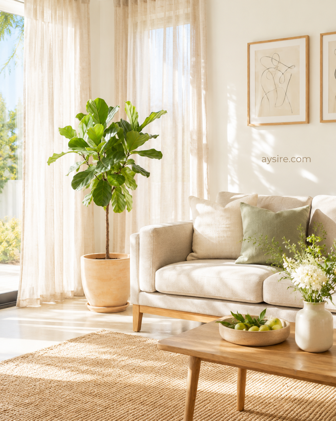 Bright airy living room with beige sofa, sheer curtains, indoor plant, natural sunlight, soft neutral decor and subtle summer home refresh aesthetic, aysire.com