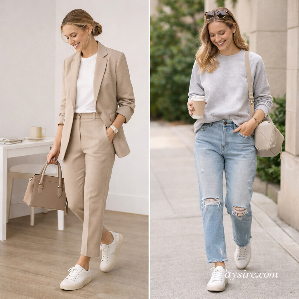 Woman styling white trainers for work and casual outfits with modern everyday looks by aysire.com