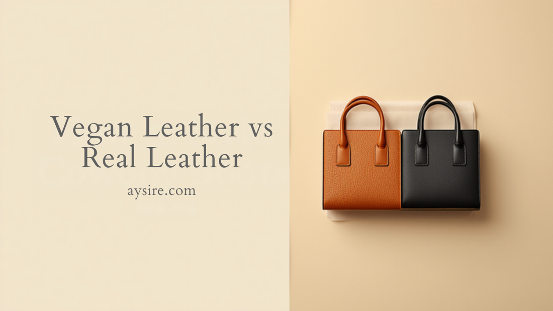 Vegan Leather vs Real Leather. Overhead flat-lay of a tan pebbled leather handbag beside a black vegan leather handbag on cream