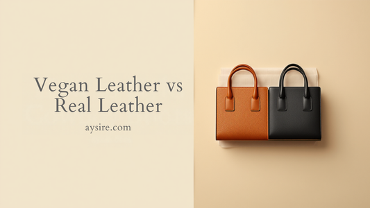 Vegan Leather vs Real Leather. Overhead flat-lay of a tan pebbled leather handbag beside a black vegan leather handbag on cream