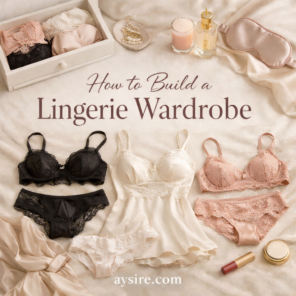 Soft neutral flatlay of elegant lingerie wardrobe essentials including lace bras and underwear arranged on fabric background, minimal aesthetic lingerie collection for wardrobe building, aysire.com