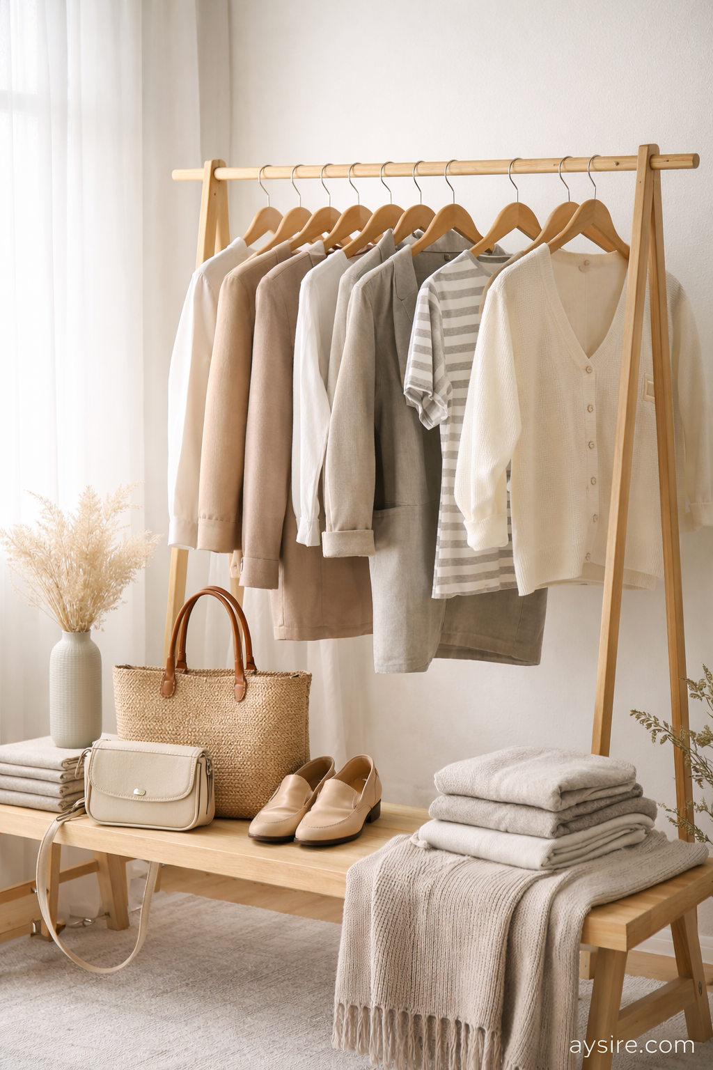Modern casual apparel wardrobe with soft neutral everyday clothing pieces styled for comfort and versatility by aysire.com
