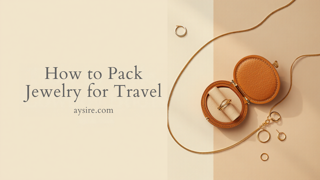 How to Pack Jewelry for Travel. Overhead flat-lay of an open tan leather travel jewelry case with a gold chain, hoops and rings on cream
