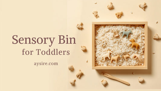Sensory Bin Ideas for Toddlers. Farm animal figures half buried in a tray of rice with a wooden scoop.