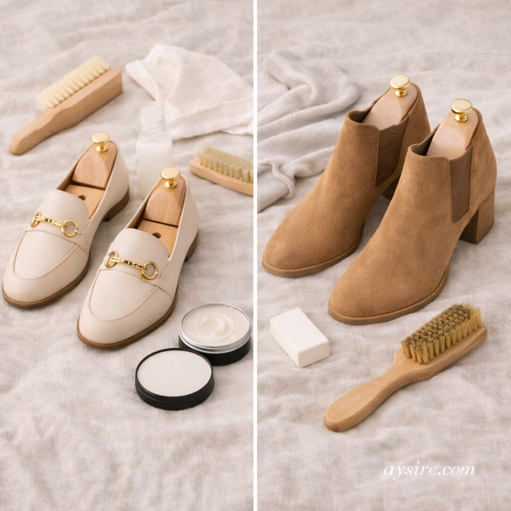 Shoe care essentials for maintaining leather and suede shoes with cleaning and protection tools by aysire.com