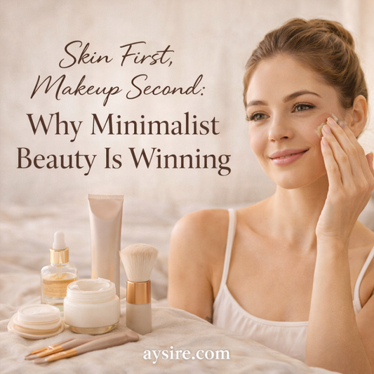 Woman applying skincare product with natural glowing skin in a minimalist beauty routine, soft neutral aesthetic highlighting skin first makeup second approach, aysire.com