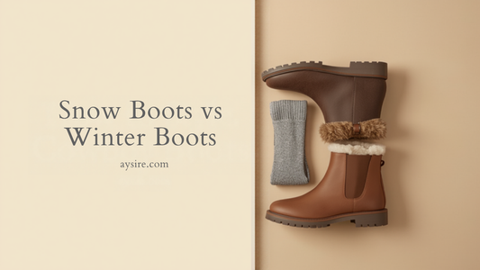 Snow Boots vs Winter Boots. Overhead flat-lay of faux fur cuffed snow boots, brown winter boots and grey wool socks on cream