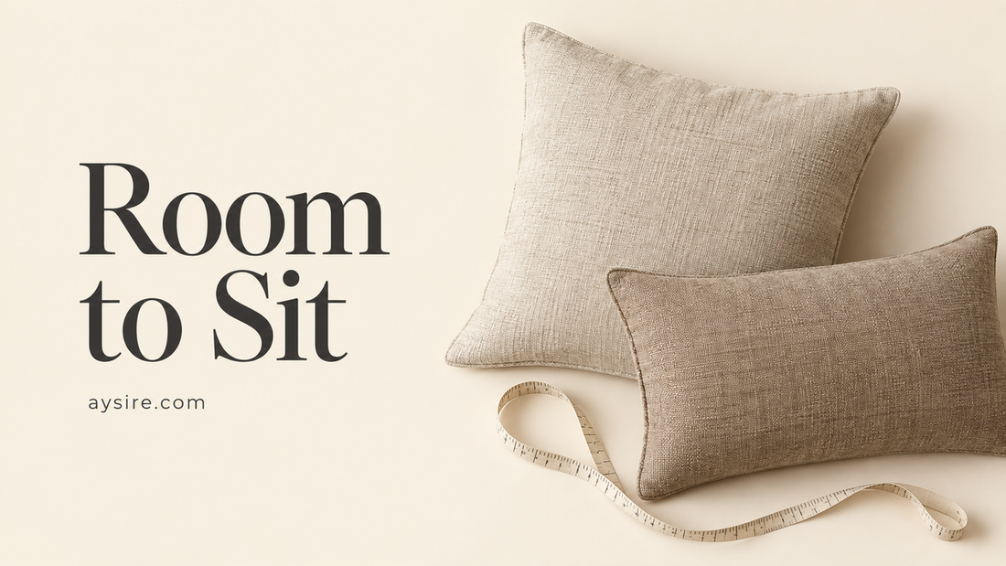 Room to Sit, square and lumbar pillows beside a measuring tape on a cream background