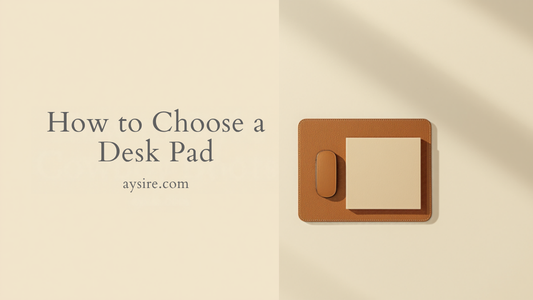 How to Choose a Desk Pad. Overhead flat-lay of a tan pebbled leather desk pad with a mouse and a notebook on cream