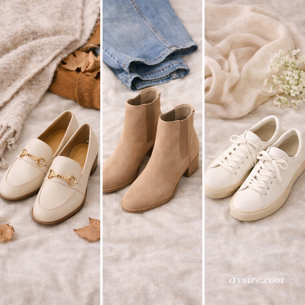Versatile transitional footwear styles including loafers, ankle boots and sneakers for seasonal outfits.