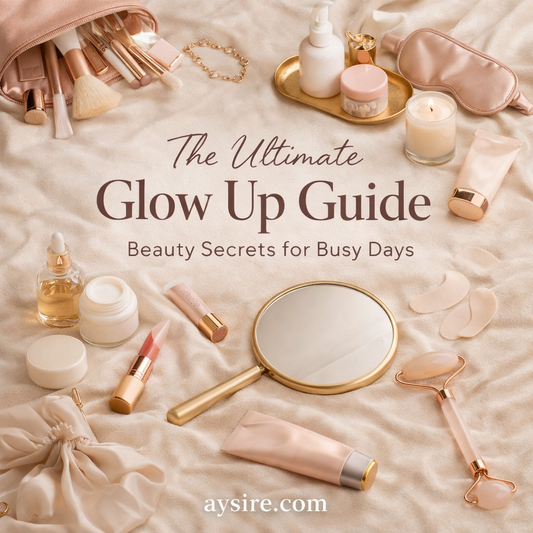 Soft neutral flatlay of beauty and skincare essentials including makeup brushes, serums and creams arranged on fabric background, minimal glow up routine for busy days, aysire.com