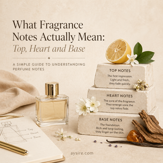 Editorial fragrance notes guide showing top, heart and base perfume notes with a minimal perfume bottle, citrus, florals and woody elements in a warm neutral aesthetic, aysire.com