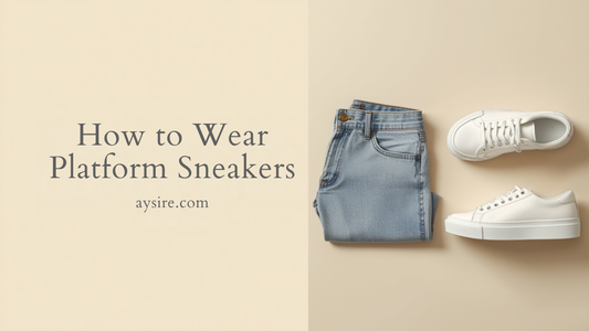 How to Wear Platform Sneakers. Overhead flat-lay of white platform sneakers beside folded light blue jeans on cream