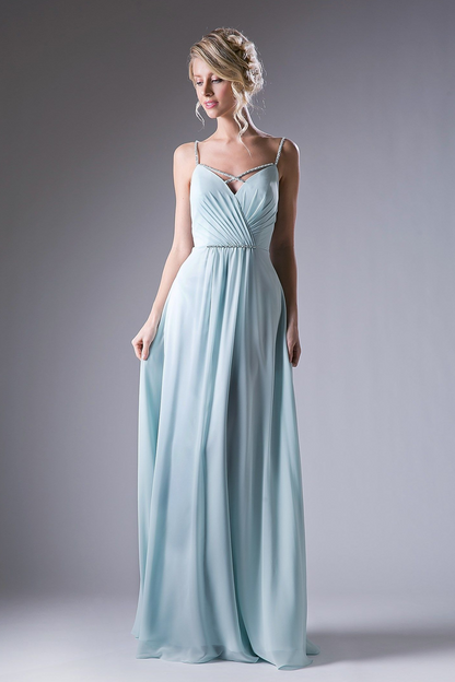 Floor-length V-neck gown with crisscross shoulder straps and a beaded natural waist.