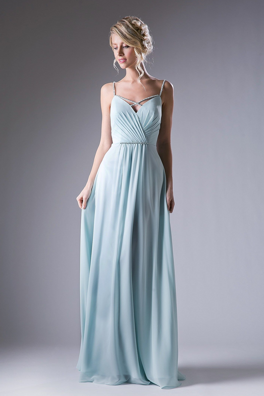 Tux-USA V-neck evening gown with spaghetti straps and beaded waistline, elegant formal dress on a neutral background.