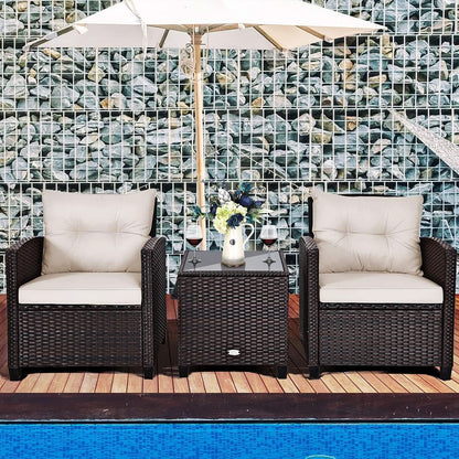 3 Piece Patio Furniture Set White PE Rattan Wicker Outdoor Sofa Set With Washable Cushions And Tempered Glass Tabletop-1