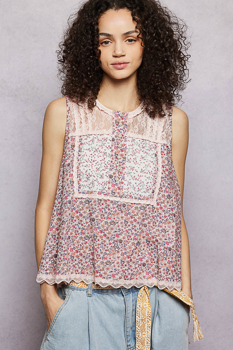 POL Printed Woven Lace Back Round Neck Sleeveless Top-0