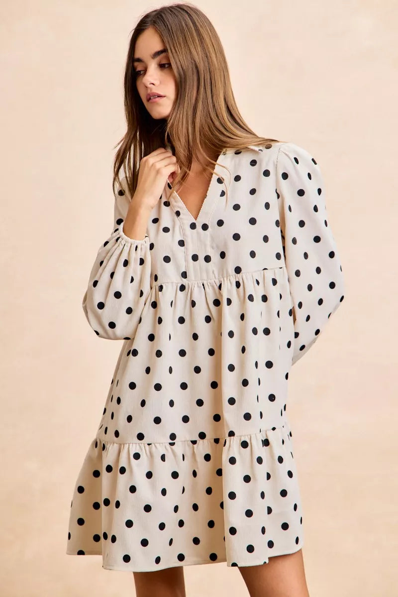 BiBi Polka Dot Corduroy Collared V Neck Dress-0