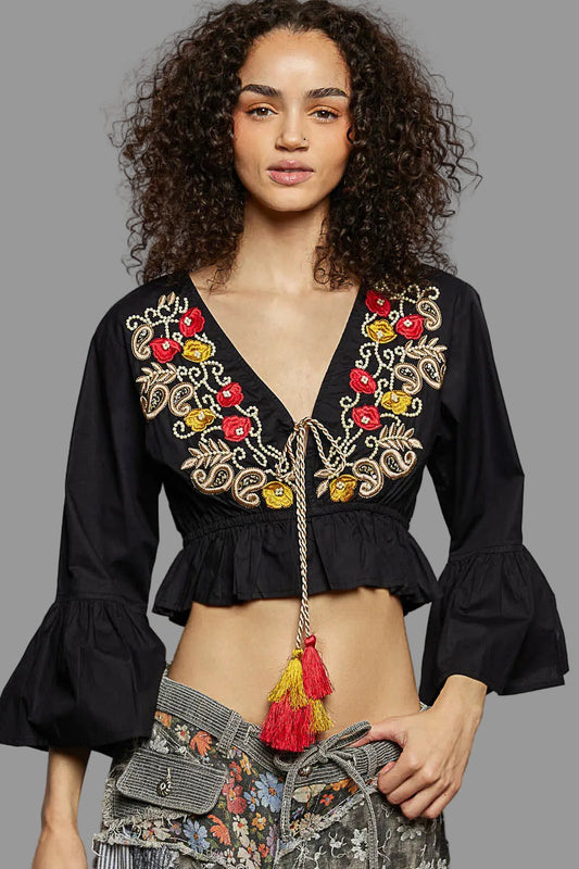 POL Floral Embroidered Cropped Blouse-0