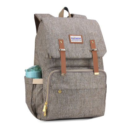 Sunveno canvas diaper backpack with 15 pockets, showing multiple compartments and adjustable straps for convenient baby care.