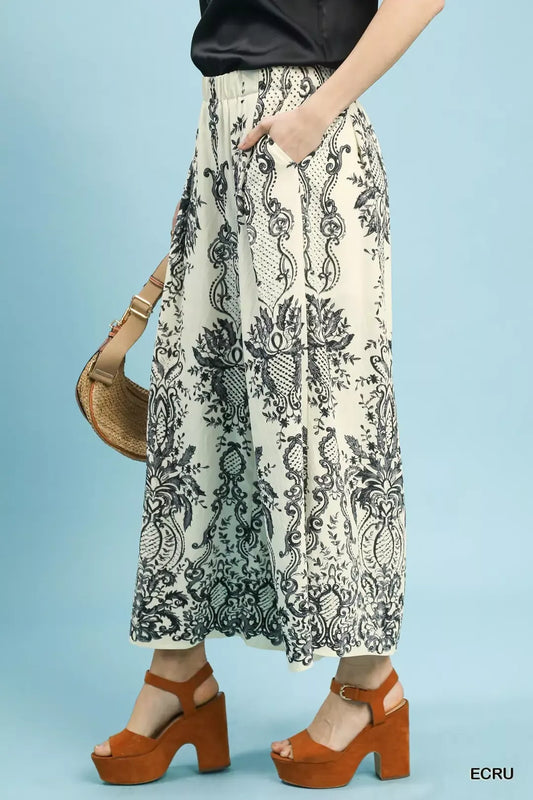 Umgee Border Print Wide Leg Pants-1
