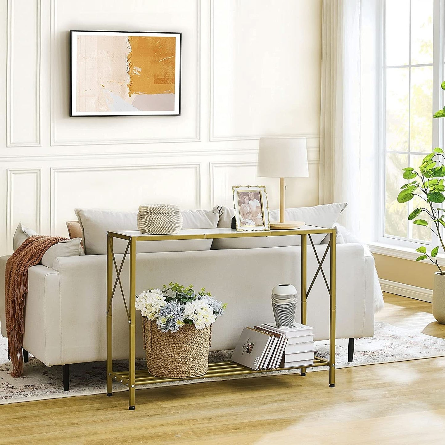 Gold And White Narrow Console Table With Shelves 41 Inch Long-3