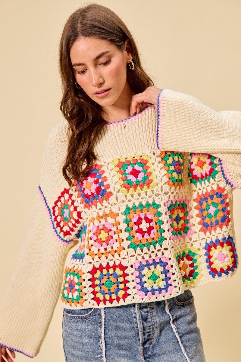 SO ME Multi Color Granny Crochet Lace Sweater Top-2