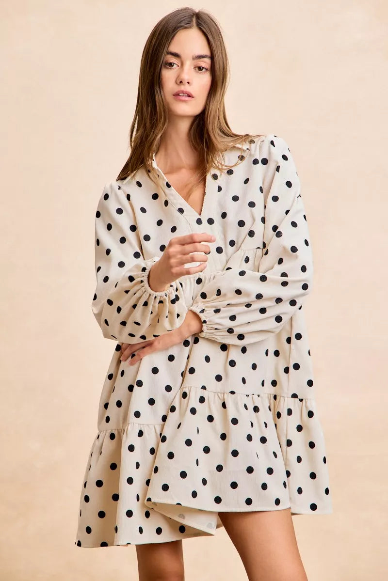 BiBi Polka Dot Corduroy Collared V Neck Dress-2