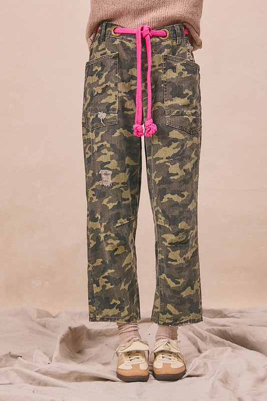 BiBi Braided Waist Belt Patch Pockets Camouflage Print Pants-0