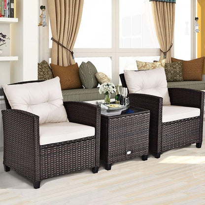 3 Piece Patio Furniture Set White PE Rattan Wicker Outdoor Sofa Set With Washable Cushions And Tempered Glass Tabletop-2