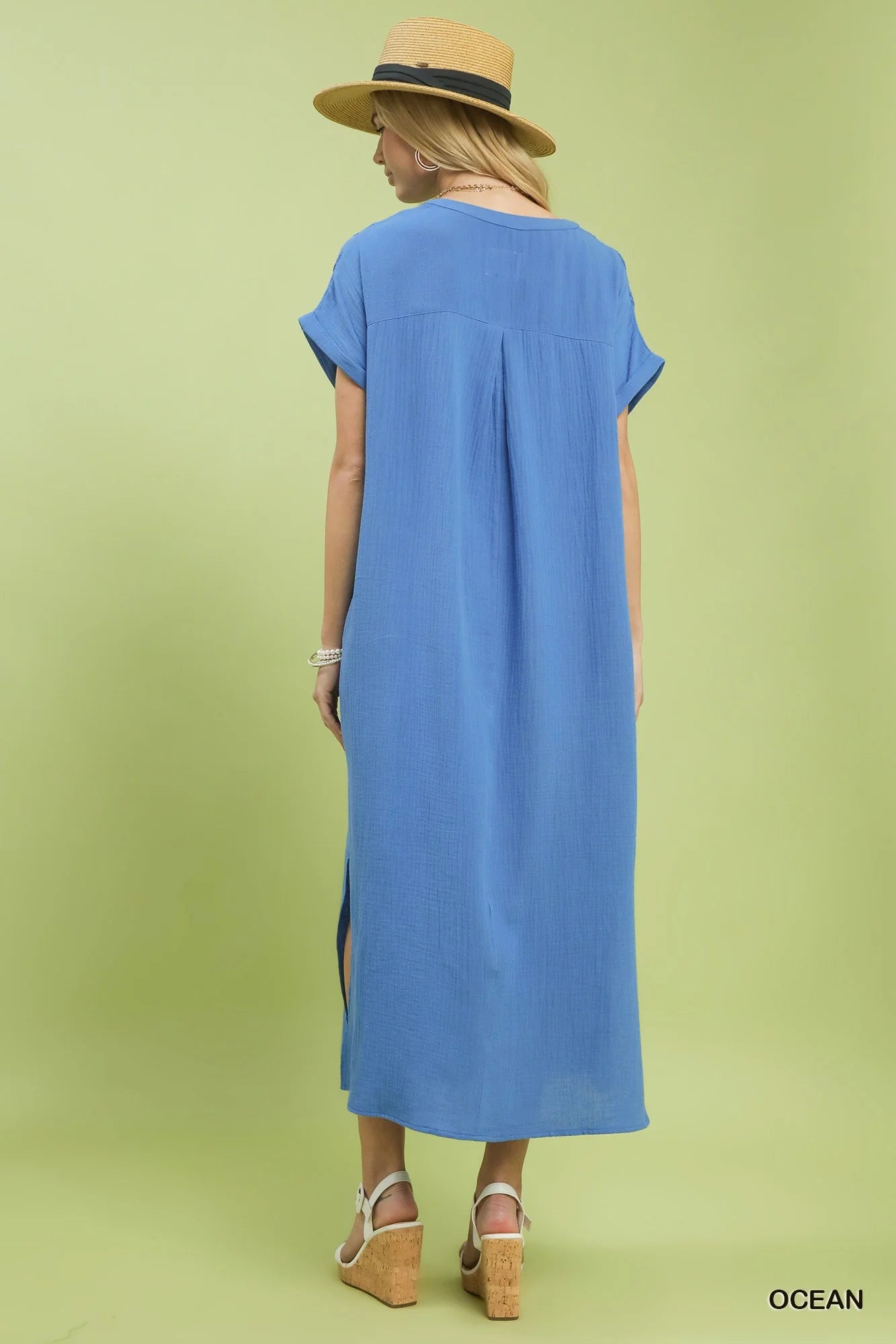 Umgee Button-Front Gauze Midi Dress with Lace Detail-2
