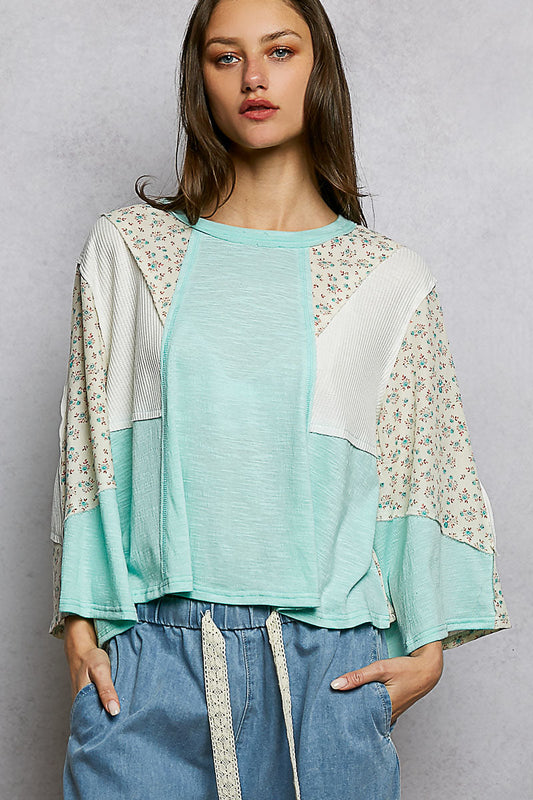 POL Exposed Seam Floral Patchwork Round Neck Textured Slub Knit Top-1