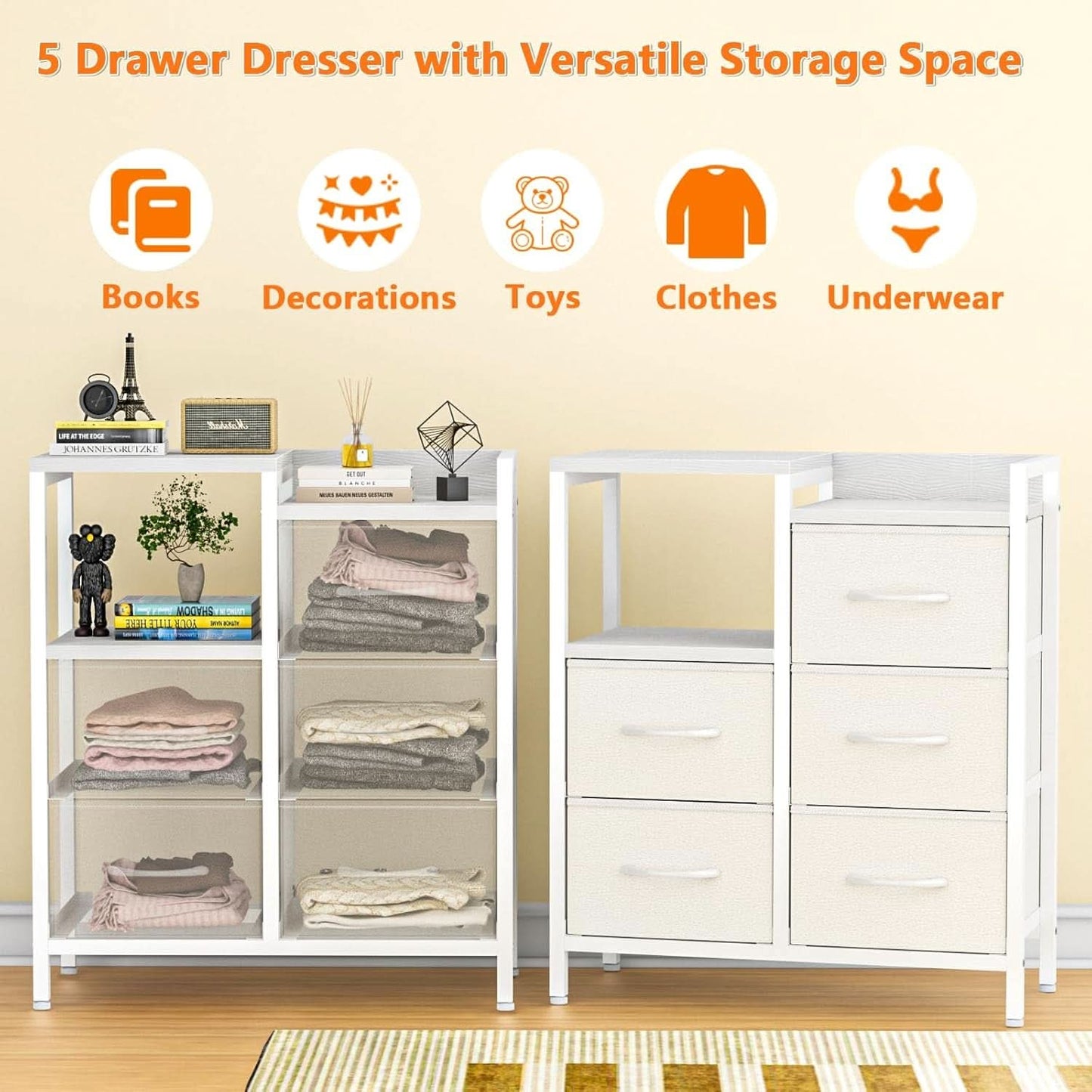 White 5 Drawer Dresser With Metal Frame Bedroom Storage-4