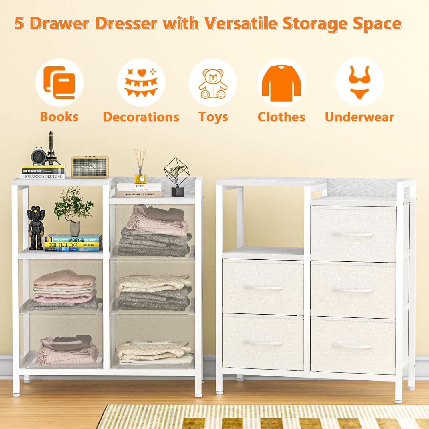 White 5 Drawer Dresser With Metal Frame Bedroom Storage-4