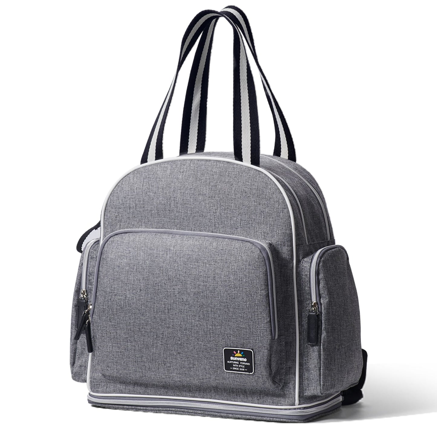 Sunveno expanding diaper backpack with 13 pockets, stylish and functional diaper bag for parents with organized storage.