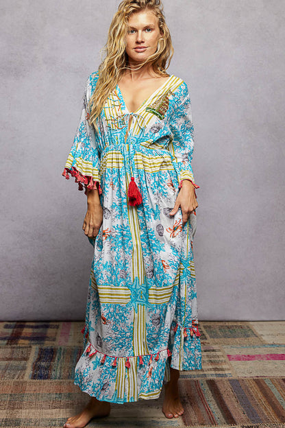POL Bohemian Print Tassel Trim Maxi Dress-1