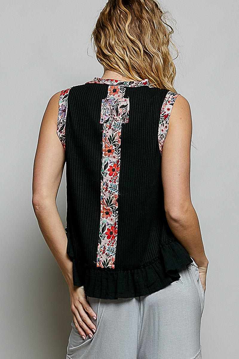 POL Floral Print Patche Round Neck Ribbed Tank with Double Gauze Ruffle Accents-3
