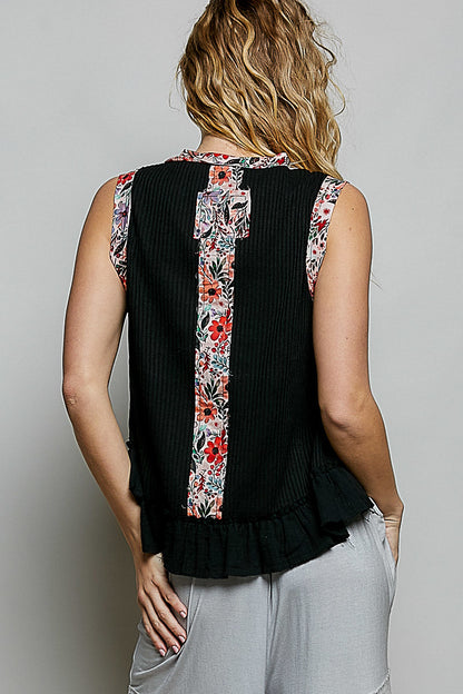 POL Floral Print Patche Round Neck Ribbed Tank with Double Gauze Ruffle Accents-3