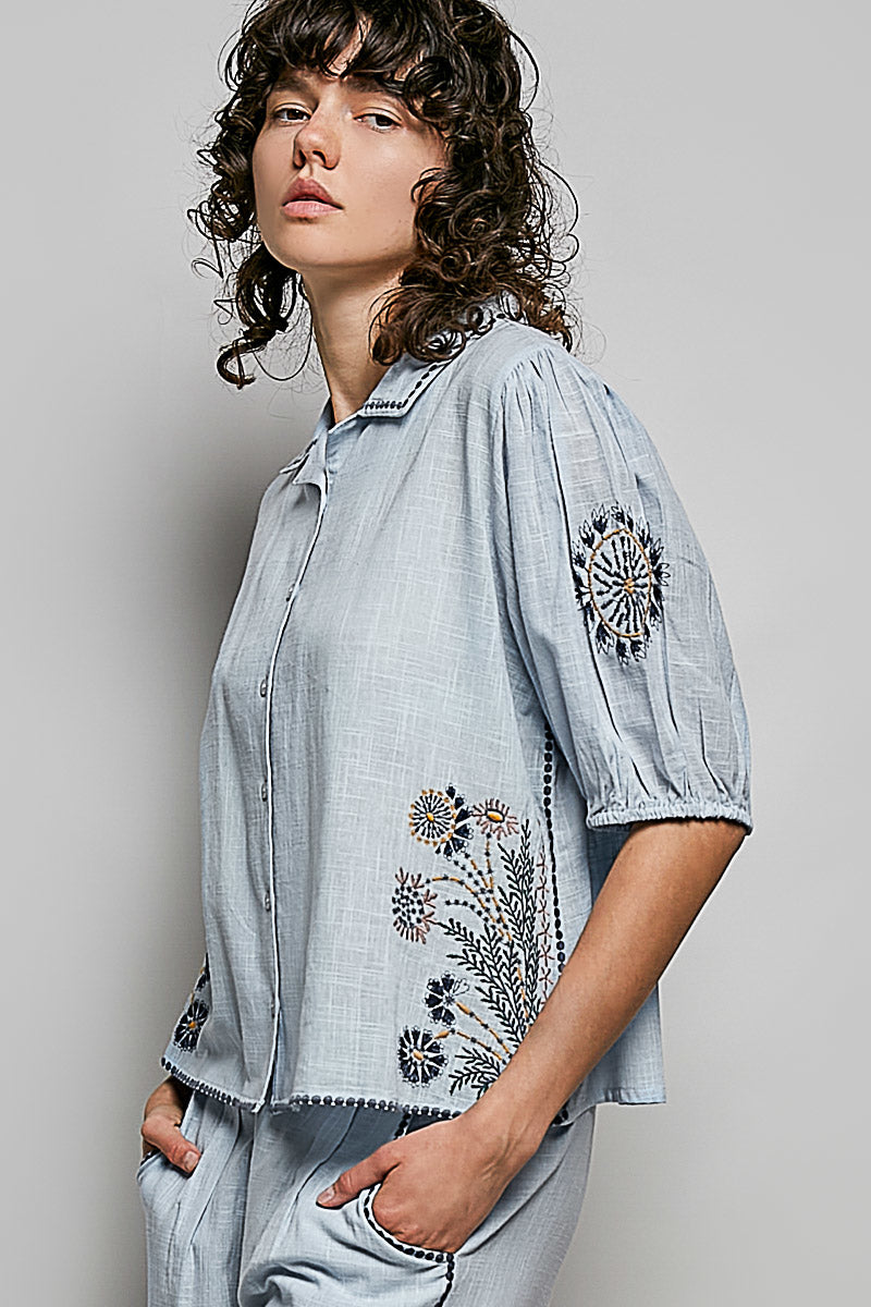 POL Button Down Embroidered Floral Short Sleeve Shirt-2