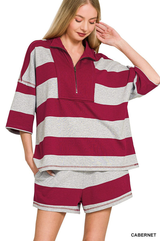 Zenana Frenchterry Striped Half Zip Top & Shorts Set-0