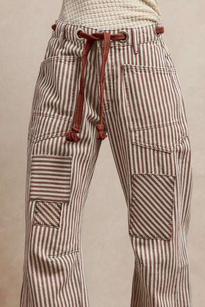 BiBi Drawstring Striped Twill Barrel Pants-0