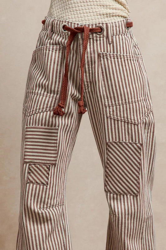 BiBi Drawstring Striped Twill Barrel Pants-0