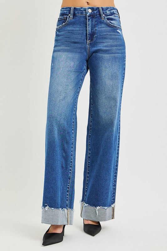 RISEN High Rise Wide Leg Jeans With Cuffed Hem-0