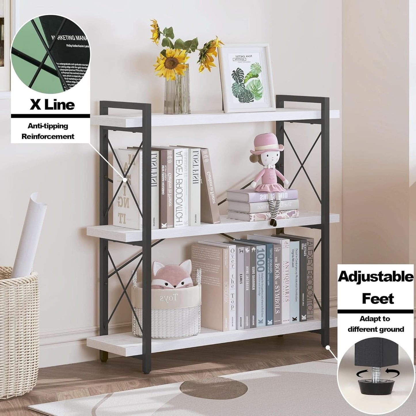 Industrial Three Tier Open Bookcase With Metal Frame Sturdy-2